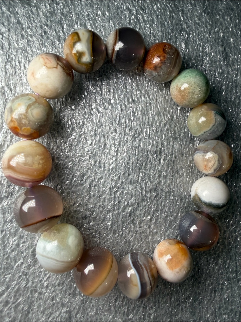 Beautiful 12MM Brazilian Agate w/ Chalcedony Natural Crystal Bracelet